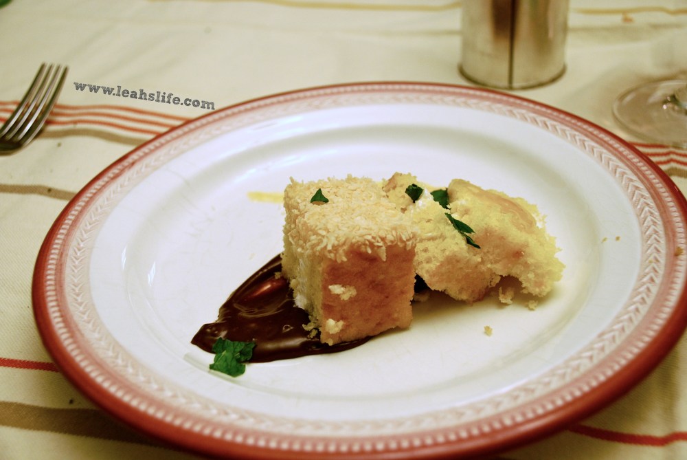 coconut yuzu cake with warm chocolate pudding