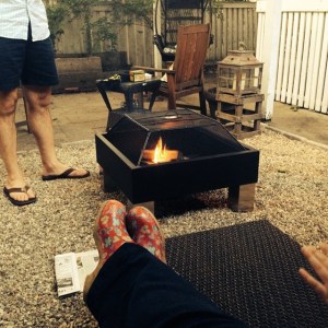 The fire pit side is complete. You can't see the red cushions but they match the red of my shoes. Now we just need to tie in the other side.