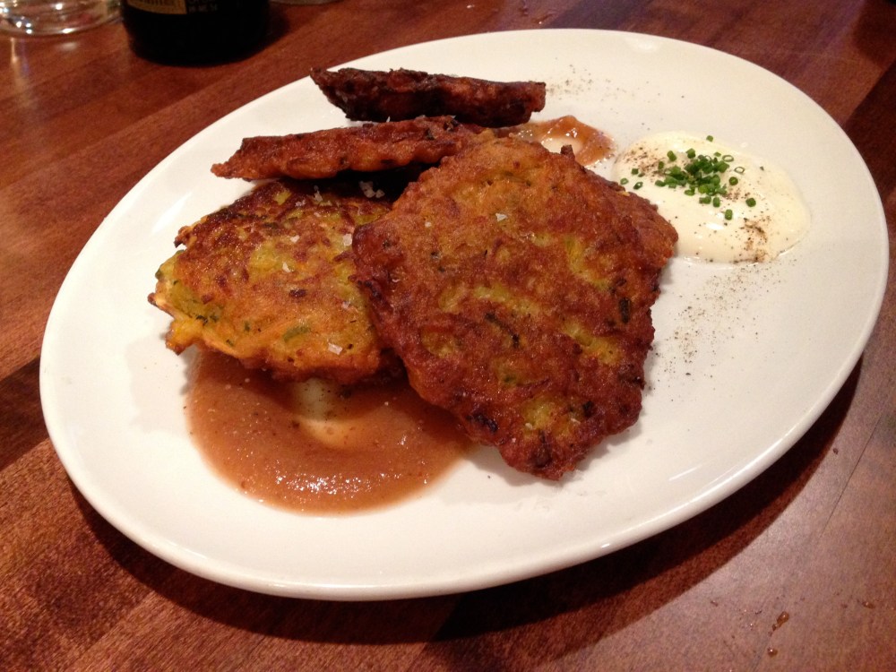 Root Vegetable Latkes with homemade sour cream and Rey's apple sauce.  I am a purist when it comes to latkes but I'm making an exception for these.  I can eat these from now to Chanukah!