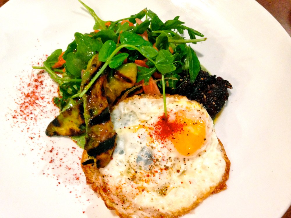 Pig blood scrapple and eggs at Alden & Harlow.