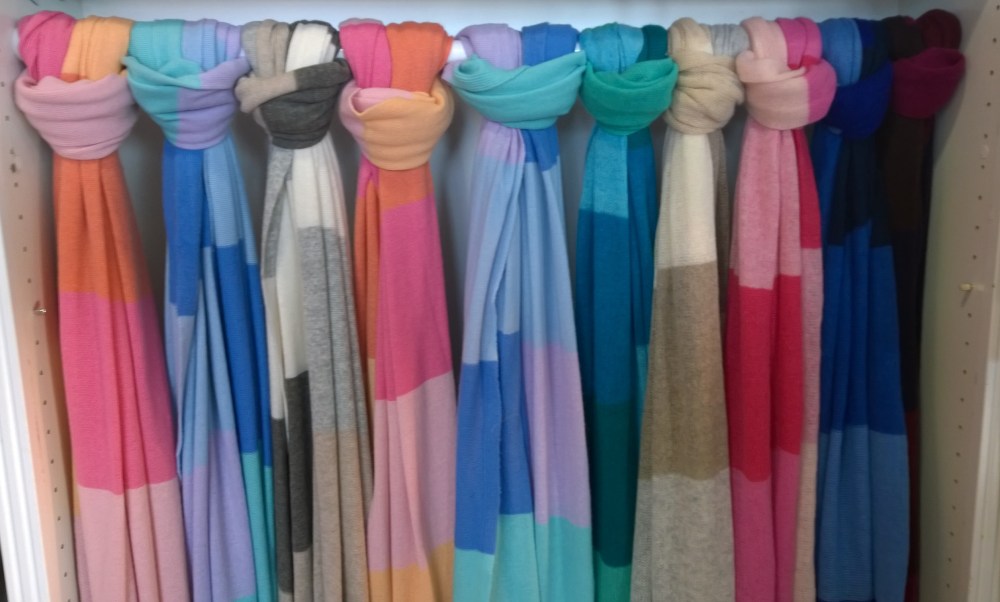 Beautiful colour block scarves from Sara Campbell over at the Linden Square shops in Wellesley.  (Photo Courtesy of Kim Hubbard Tollander of KimWorld)