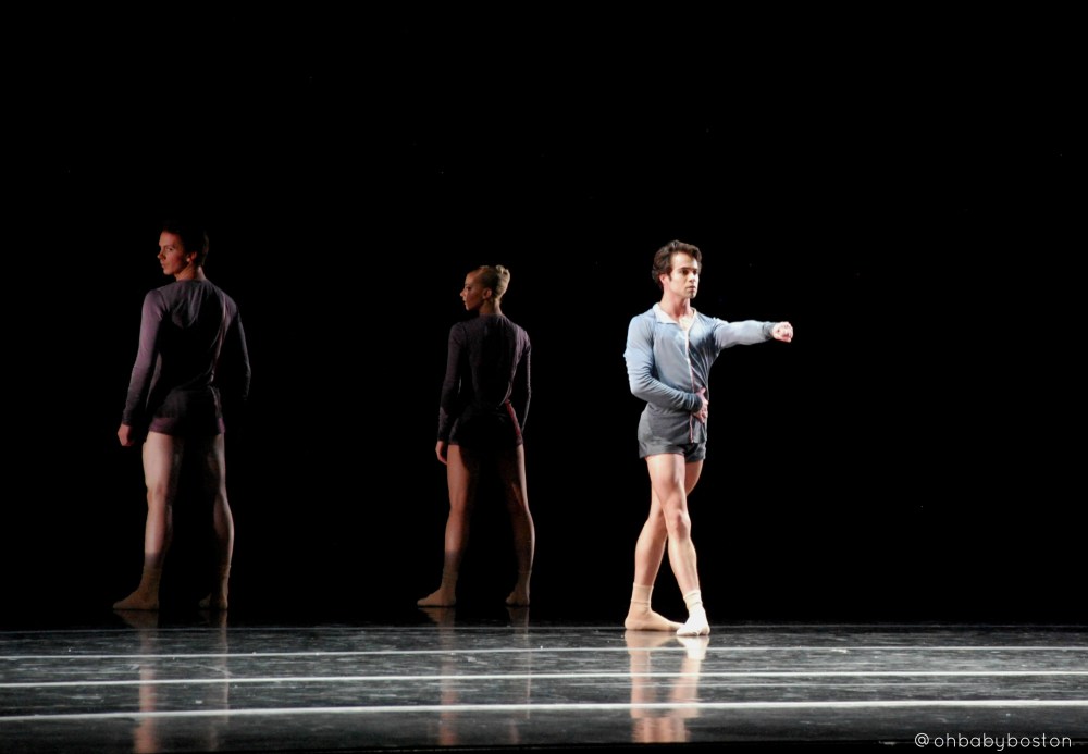 Boston Ballet principals (left to right) Paul Craig, Whitney Jensen, and Paulo Arrais in Jeffrey Cirio's fremd part of Boston Ballet's season finale Thrill of Contact.
