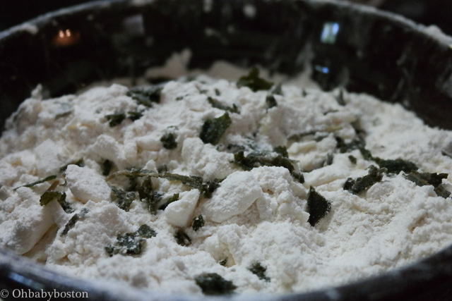 Fried sage leaves crumbled into the pie crust ingredients. How you cut, grate, crumble and mix is all an important part of what makes this crust perfectly crisp and flaky. 