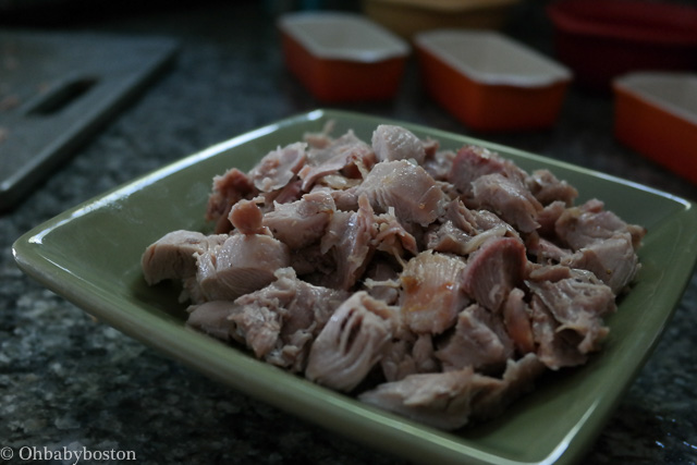 Dice the turkey meat into cubes and set it aside for your filling. 