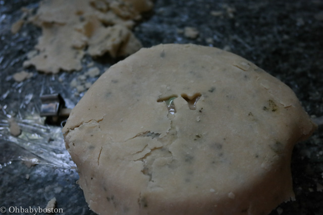 Once you have rolled out your dough, fill the pie plate with the turkey and cranberry mixture and carefully top it with your crust. 