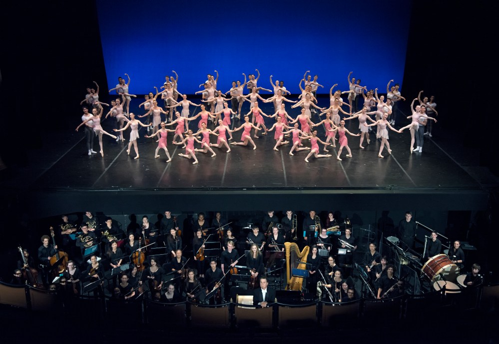 Boston Ballet School, members of the Youth Philharmonic Orchestra from New England Conservatory, and Conductor Jonathan McPhee in Next Generation; photo by Gene Schiavone, courtesy of Boston Ballet